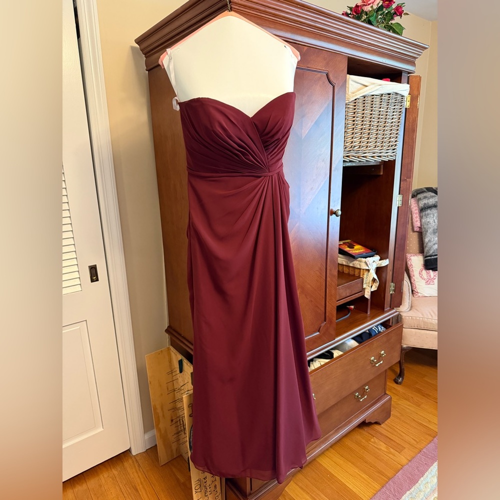 Christina Wu Maroon Ruched Sweetheart Strapless Gown
